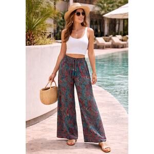 Boho Paisley Wide Leg Palazzo Pants – Teal & Pink – Silk Blend OS/Small